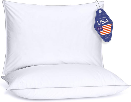 FluffCo Basics Down Alternative Bed Pillows - Cooling Cotton Shell with Supportive Gel-Fiber Fill - Pillows for Side, Back, and Stomach Sleepers - Made in USA - Standard/Queen Size, Set of 2