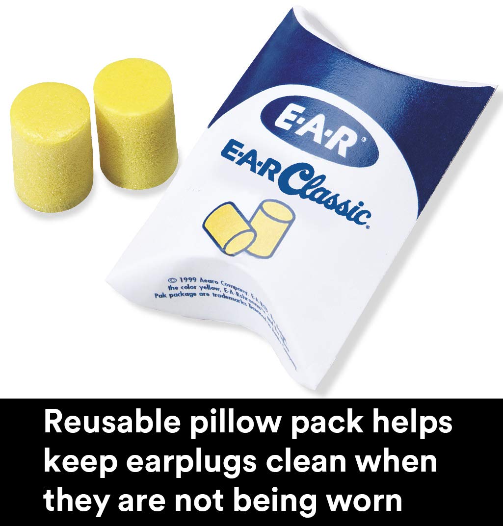 3M Ear Plugs, E-A-R Classic 310-1001, 200 Pairs of Disposable Earplugs, 1 Pair/Pillow Pack, Uncorded, Noise Reduction Rating 29 dB NRR, Foam, Regular Size, Roll Down, Yellow