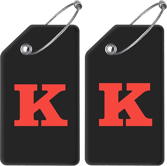 Gostwo 2 Pack Silicone Luggage Tags for Suitcases, 26 Initial Letter Baggage Labels Handbag School Bag Suitcase Instrument Tag with Stainless Steel Loop(Black)(Letter K)