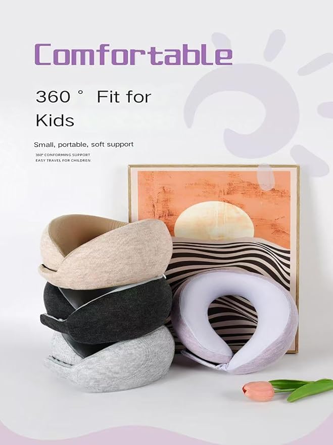 Kids Memory Foam Travel Neck Pillow, 360° Support,Travel U-Shaped Airplane Pillow, Foldable，Suitable for Commuting, Flying, Working, and Living at Home (Dark Gray)