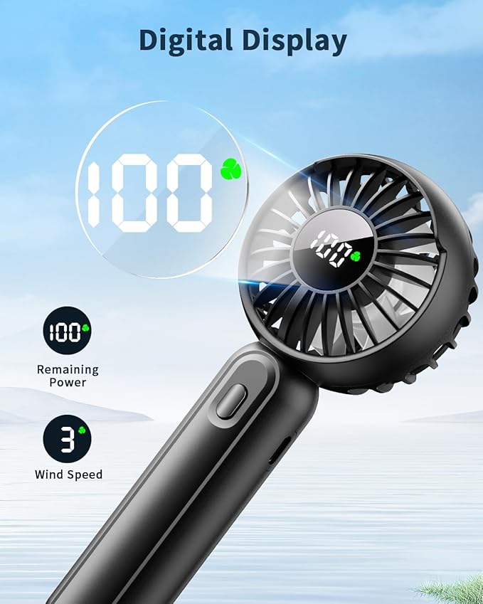 Handheld Fan with 𝗪𝗶𝗿𝗲𝗹𝗲𝘀𝘀 Charging Base, 3 Speeds Portable Fan with Digital Display, 2000mAh Battery Operated Hand Held Fan, Handheld/Desk 2 in 1 Personal Fan Lash Fan Makeup Fan (Black)