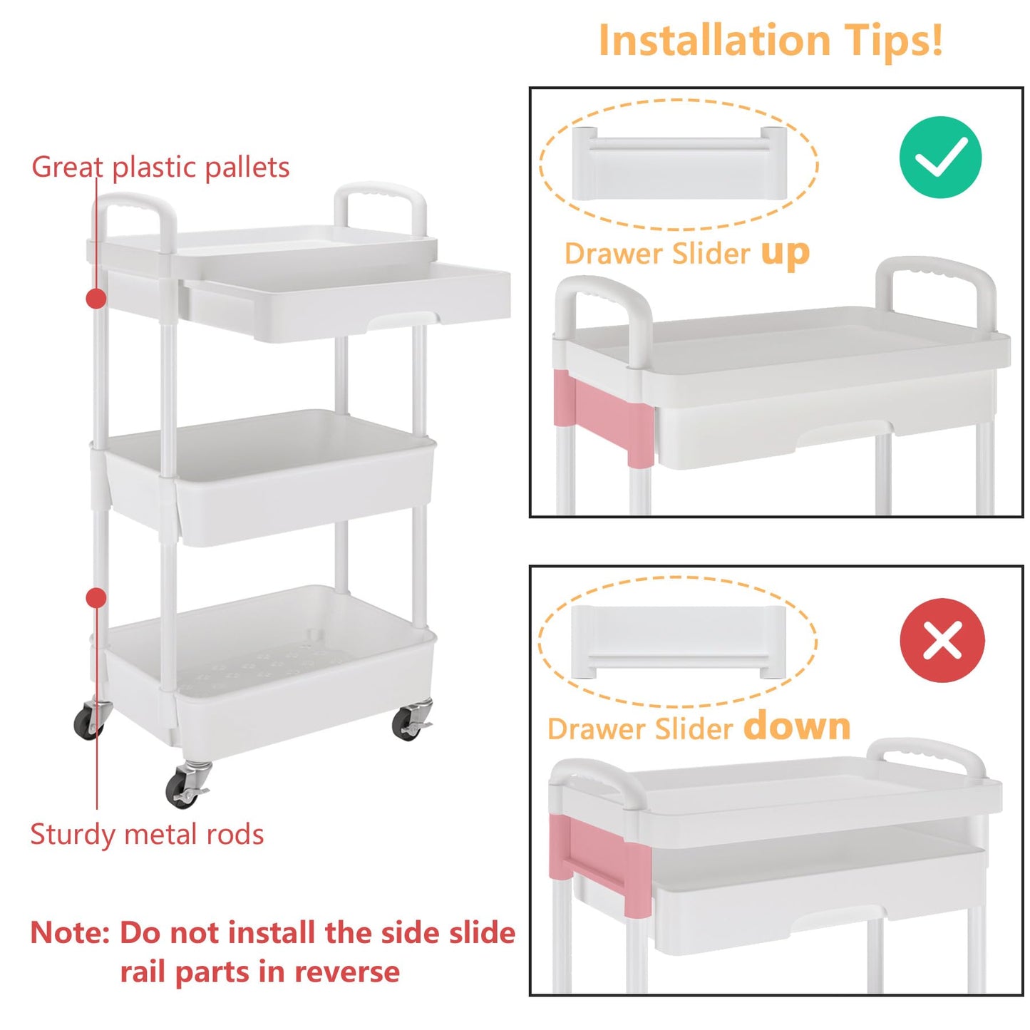 Calmootey 3-Tier Rolling Utility Cart with Drawer,Multifunctional Storage Organizer with Plastic Shelf & Metal Wheels,Storage Cart for Kitchen,Bathroom,Living Room,Office,White