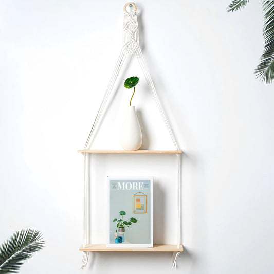 Macrame Floating Shelves for Boho Wall Decor - No Drilling Wooden Wall Shelves with Adhesive Hooks & 2-Tier Design - Decorative Storage Shelf for Bedroom, Living Room, Easy to Install (2 Tier)