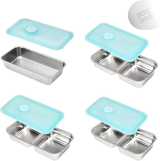 Grab and Go Snack Containers Stainless Steel, Reusable Snack Condiment Containers with Lids, Double &Single Compartment Food Lunch Meal Container Prep for Travel, Small Packs Container, 4 PCS