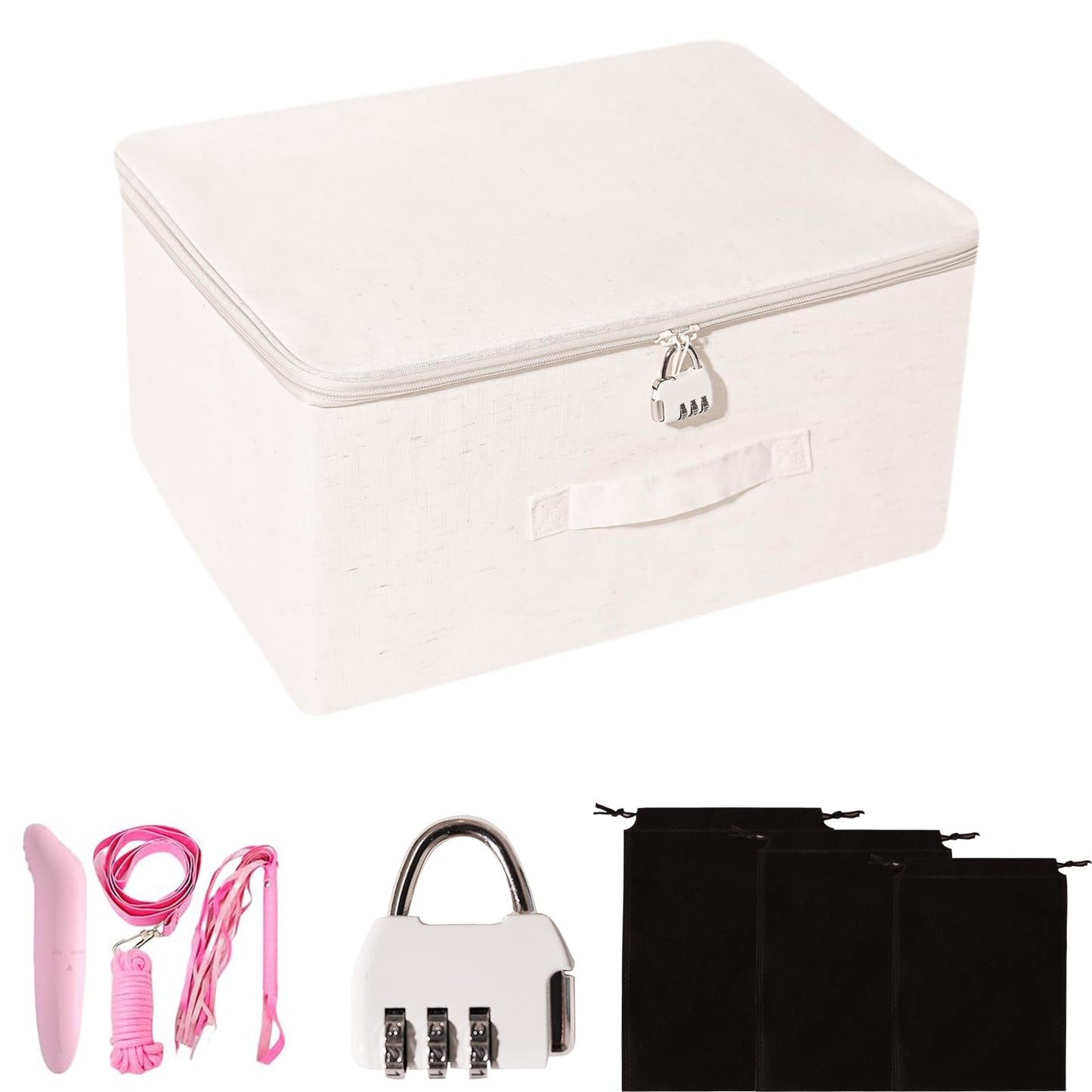 Pawpawshelf Discreet Lock Box for Adult Items, Large Capacity Adult Toy Storage Organizer with Password Lock 3 Drawstring Bags, 15.7x11.8x7.8 Inch White Storage Box for Bedroom Organization