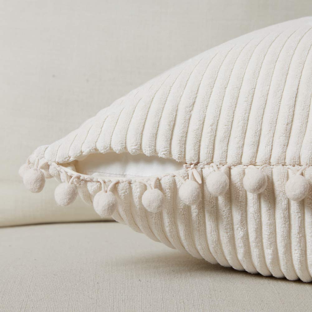 Fancy Homi Pack of 2 Corduroy Soft Decorative Throw Pillow Covers with Pom-poms, Solid Square Cushion Case Pillow Cases Set for Couch Sofa Bedroom Car Living Room (24x24 Inch/60x60 cm, Cream)
