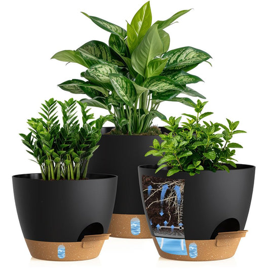KUGAZ Self Watering Pots with Drainage Holes, 3 Pack 12/10/8 Inch Plant Pots with Water Level Indicator Deep Reservoir, Large Plastic Planter for Indoor Outdoor Plants - Black Brown
