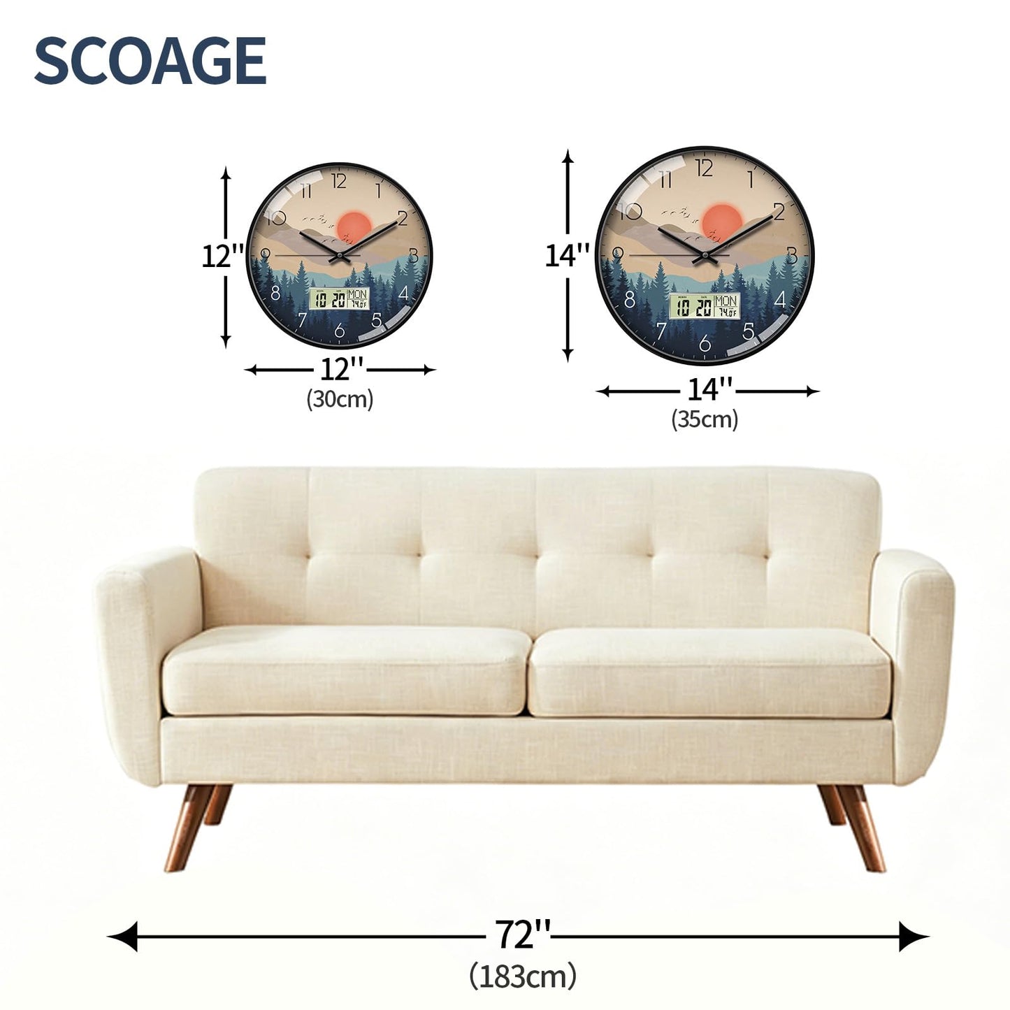 SCOAGE Wilderness Sunset Wall Clock, 12 Inch Silent Non-Ticking Battery Operated Analog Clock with LCD Date Day Temp Display, Decorative for Living Room, Bedroom, Kitchen, Office, Farmhouse, Cabin