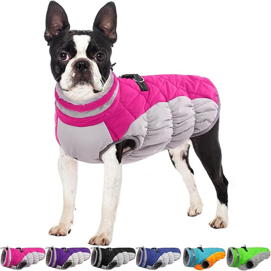 OUOBOB Winter Dog Coat,Large Dog Jacket,Waterproof Pet Jacket with Back Zipper,Pet Coat with Harness Built in,Warm Dogs Coat with Fleece Lined,Snow Jacket Clothes French Bulldog Shiba Inu,Rose Red,L