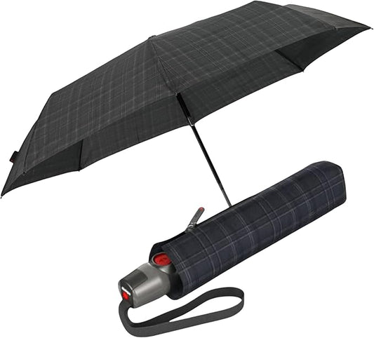 Knirps T.200 Duomatic Compact Rain Umbrella in Men's Check– Wind Tunnel Tested to 93 mph, Aluminum Steel Fiberglass Frame, 38in Canopy, OEKO-TEX, High-Performance Automatic Travel Umbrellas