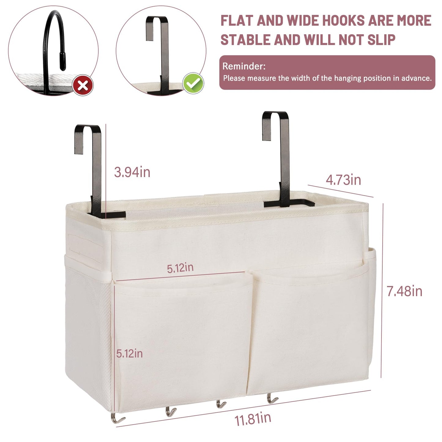 Frjjthchy Bedside Storage Organizer 5 Pockets with 4 Hooks Hanging Storage Bag for Headboards/Bunk Bed (White)