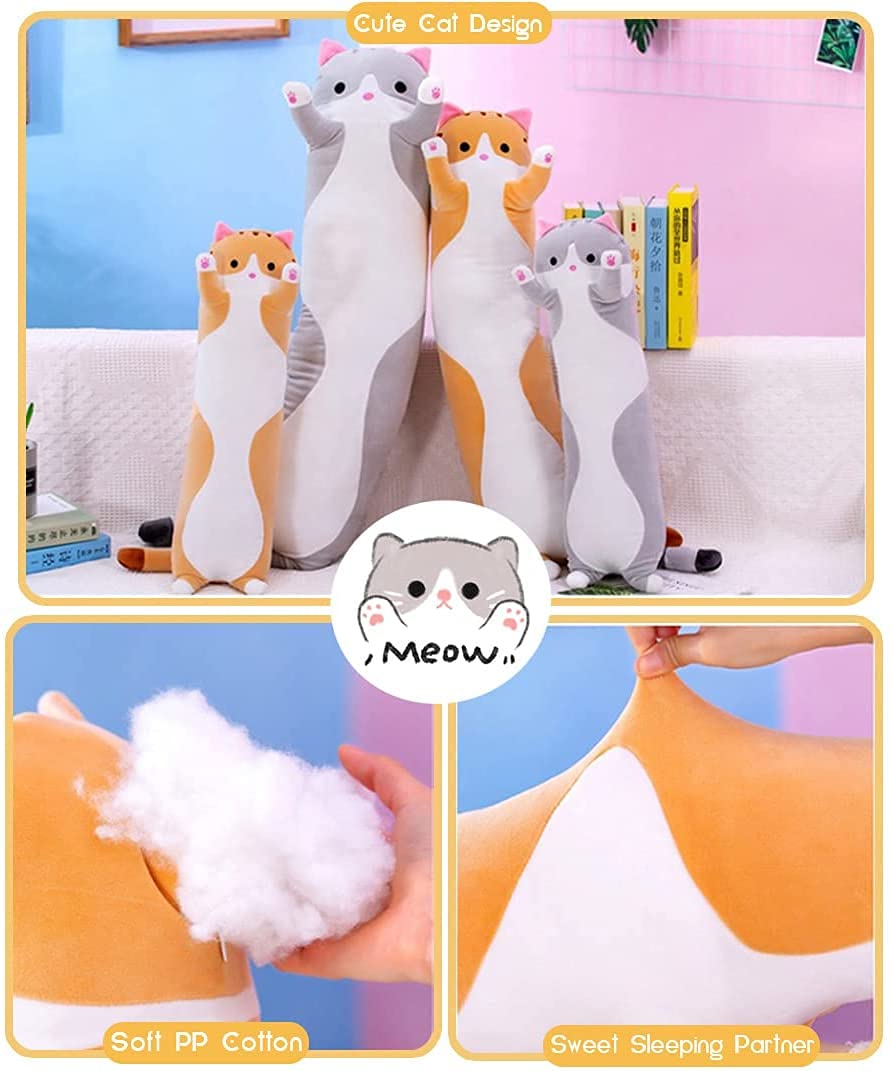 Oeonuas Cute Cat Plush Long Body Pillow Cuddle Cartoon Stuffed Animals Cat Plushie Soft Doll Pillows Gifts for Kids Girls (Orange, 27")
