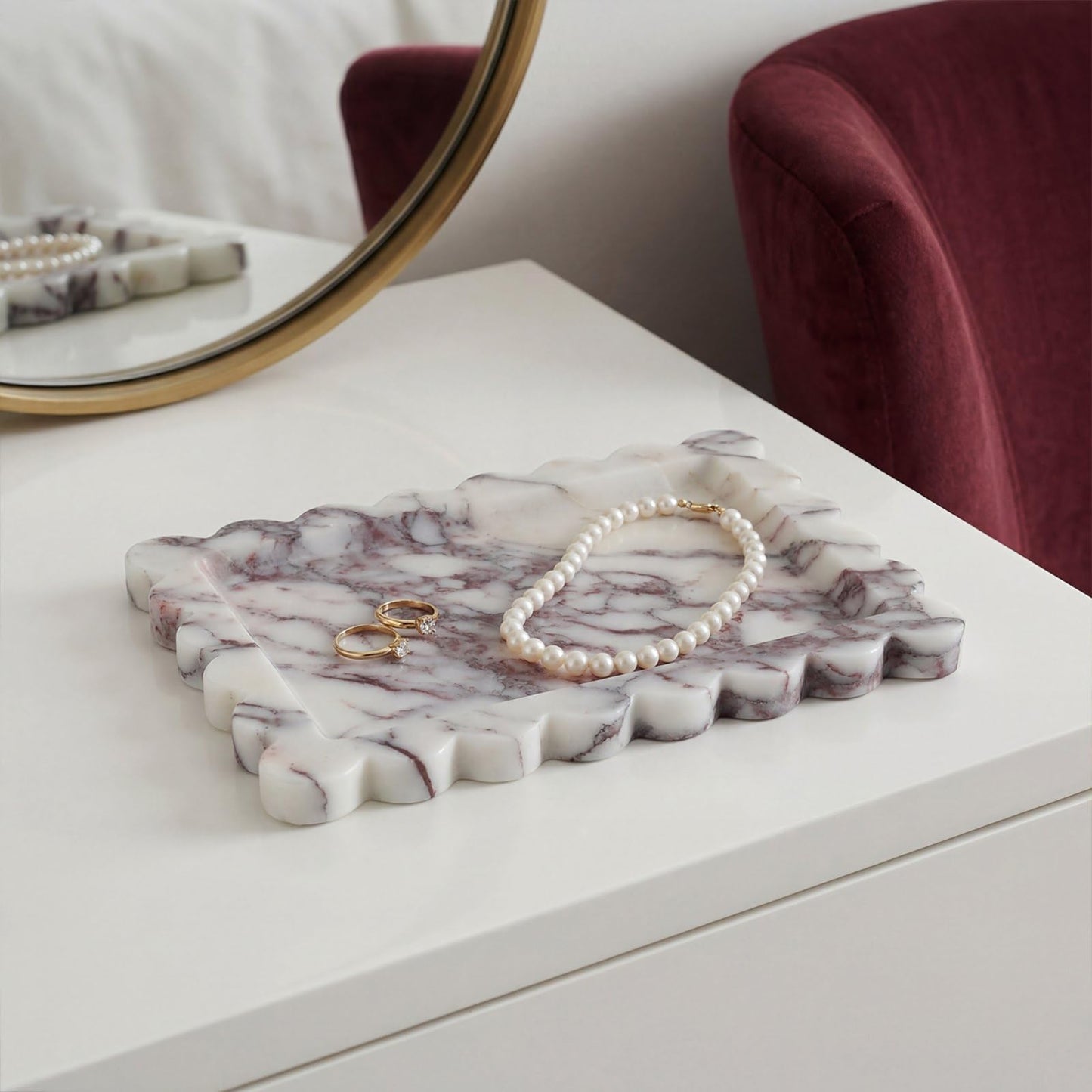 Calacatta Viola Scalloped Marble Tray, 11" x 8" Real Natural Marble Stone Tray, Luxury Decorative Tray for Bathroom, Kitchen Counter, Vanity, Dresser, Home Decor, Organizer for Jewelry & Cosmetics