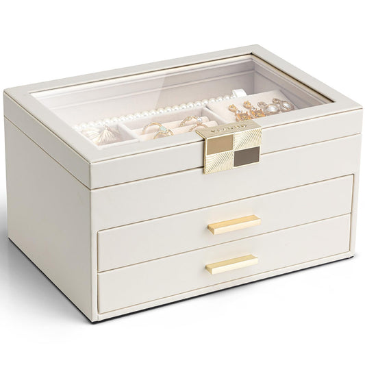 VLANDO Jewelry Box Organizer for Women, 3-Layer Jewelry Storage Case with Glass Lid, Gold Handle, 2 Drawers for Rings, Earrings, Necklaces and Bracelets - Cloud White