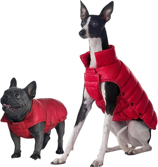 SPACE LION Dog Puffer Jacket, Down Winter Coat, Durable Outdoor Coat for Cold and Windy Conditions, Lightweight & Adjustable Fit Coats for Medium & Large Dogs, (Red, Size 16 Gift Box)