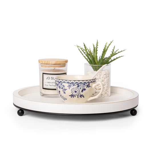 GENMOUS 12in Decorative Tray - White Wood Iron Bead Round Tray for Coffee Table, Rustic Farmhouse Centerpiece for Living Room, Kitchen Table Dining Decor