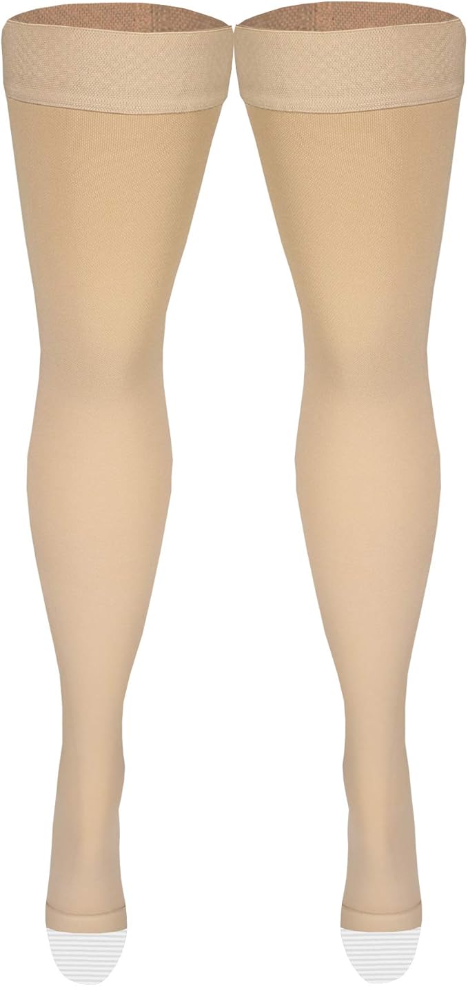 Amazon Basic Care Medical Compression Stockings, 20-30 mmHg Support, Women & Men Thigh Length Hose, Open Toe, Beige, Medium (Previously NuVein) (Pack of 2)