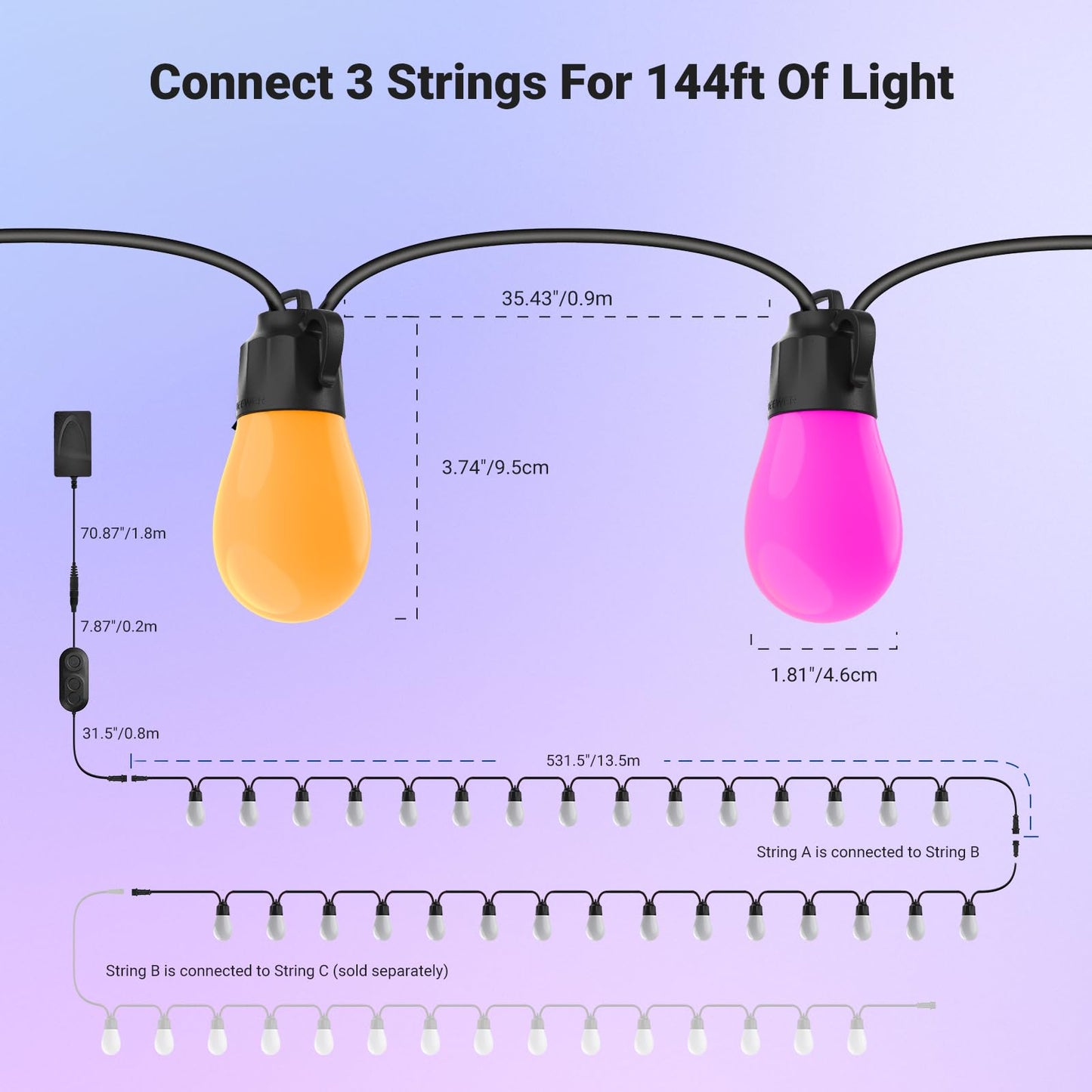 NEEWER 96ft Outdoor String Lights, App Control Smart AI RGBW Hanging Outside Warm White Patio Balcony Backyard Lighting, IP65 Waterproof, 30 LED Bulbs, 50+ Scenes, Compatible with Alexa Google, NR01