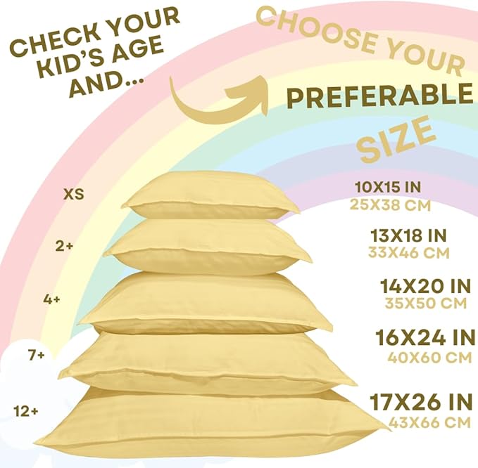 kinder Fluff Toddler Pillow (2Pack) 10x15in - First Pillow for Kids Age 2+, 100% Cotton Sateen Stripes Shell 300T, Down Alternative Fill, Machine Washable - Children & Travel Cushion - Yellow - XS