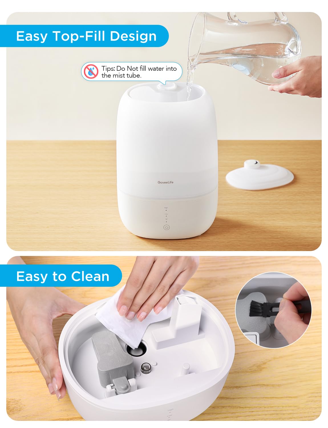 GoveeLife Smart Humidifiers for Bedroom, 3L Top Fill Cool Mist Humidifier, 24dB Quiet Runtime, Humidity Control, WiFi Air Humidifier with Night Light, for Baby, Plants, Home, Work with Alexa