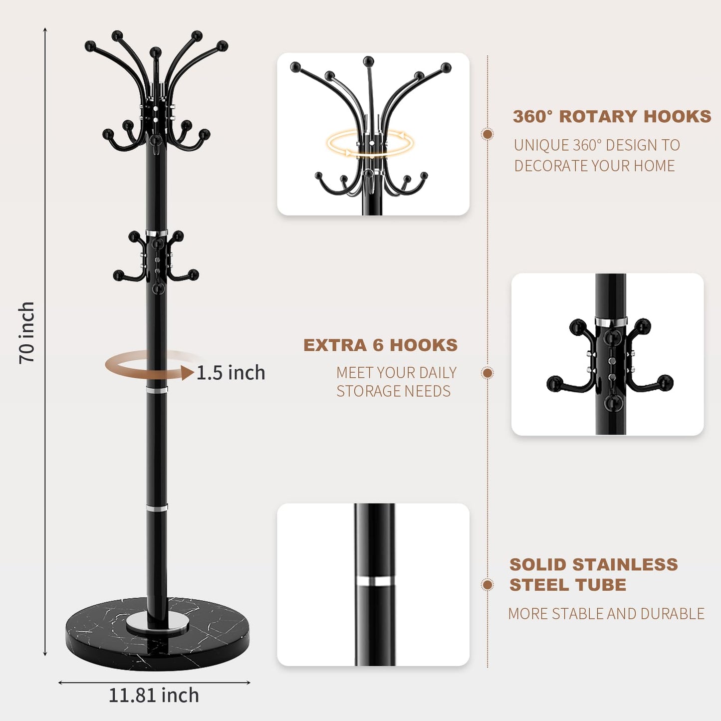 Waavryee Modern Metal Coat Rack Stand, Coat Rack Freestanding with Natural Marble Base, 360°Rotary Design Sturdy Coat Racks with 16 Hooks, White Coat Hall Tree Stand for Entryway (Black)