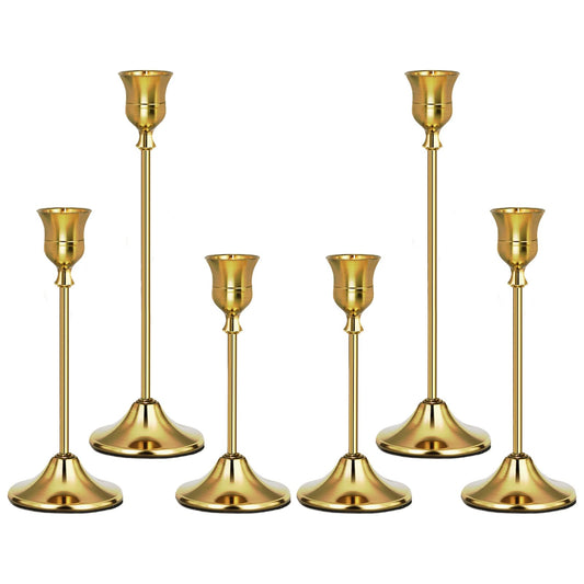 Uzvoxhe Gold Candlestick Holders Set of 6, Weighted, Metal Taper Candle Stick Holders, Vintage Christmas Brass Home Decor for Table, Mantel, Room Decorations Housewarming Gift Gold-6