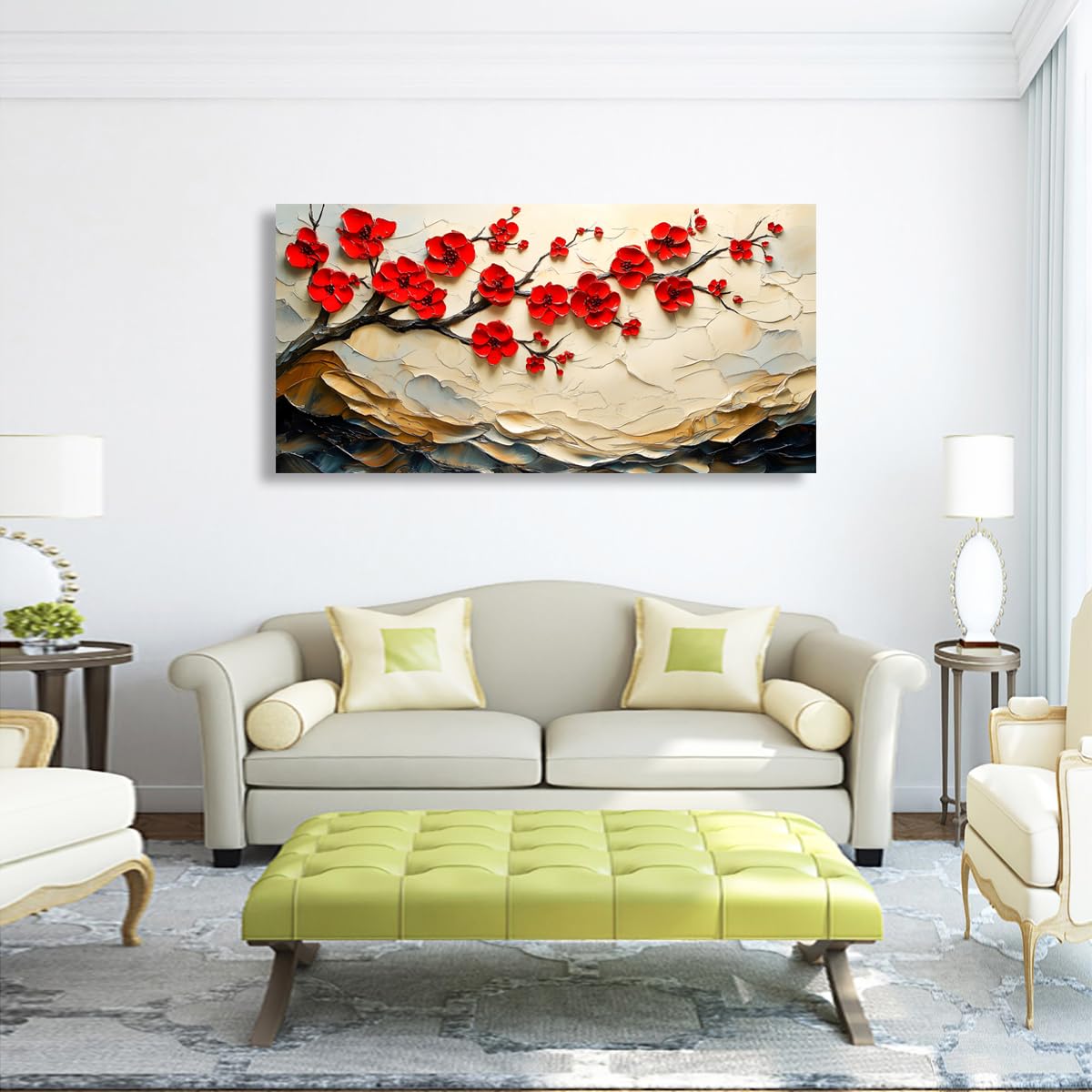 Tree of Life Pictures Canvas Wall Art for Living room Office Bedroom Red Flower Tree Wall Decor,Yellow Abstract Wall Art Print Paintings Modern Plum Blossom Mountain Artwork Ready to Hang-20x40inch
