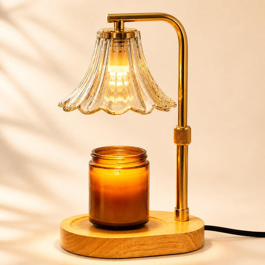 Candle Warmer Lamp with Timer and Dimmer - Adjustable Height Wax Melter for Scented Jar Candles, Vintage Glass Shade with Wood Base, Birthday Gifts for Women Mom, Housewarming Gifts, 2 Bulbs Included