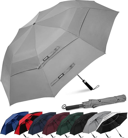 G4Free 62 Inch Portable Golf Umbrella Large Oversize Double Canopy Vented Windproof Waterproof Auto Open Folding Umbrellas(Gray)