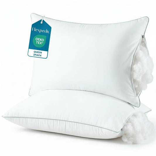 FP FLEXPEDIC Pillows Queen Size Set of 2 - Firm Adjustable Bed Pillows for Bed, Fluffy and Supportive, Hotel Quality, Adjustable Original Down Alternative Filling for Side, Back Sleepers