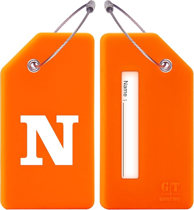 Gostwo 2 Pack Silicone Luggage Tags for Suitcases, 26 Initial Letter Baggage Labels Handbag School Bag Suitcase Instrument Tag with Stainless Steel Loop(Orange)(Letter N)