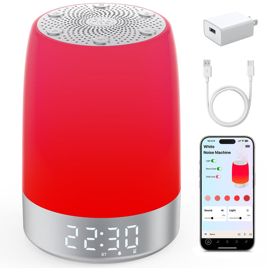Smart Red Light Therapy Lamp & Sleep Sound Machine for Bedroom with Alarm Clock, 32 White Noises Sound Machine, Night Light with App Control, 5-Level Red Light (620–690nm), 2600mAh Battery（Large）