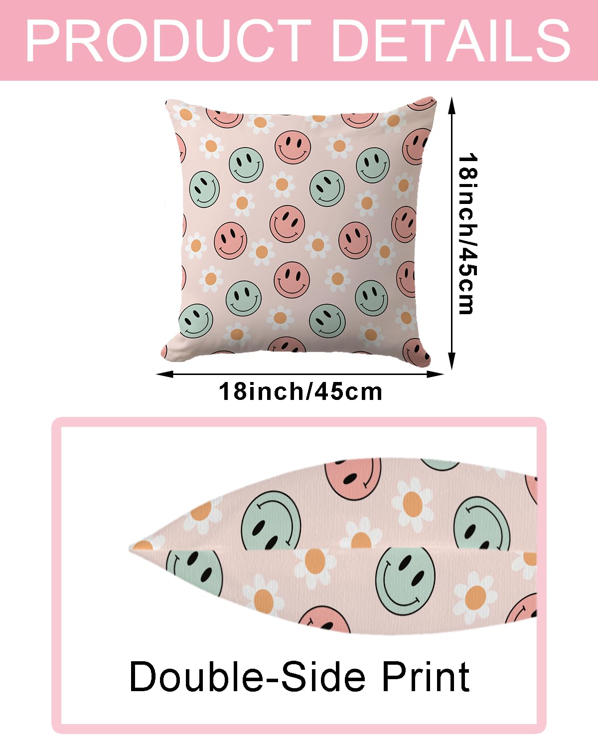 PreLiving Flower Face Preppy Throw Pillow Cover, Hippie Retro Groovy Aesthetic Happy Cute Pillowcase Decoration for Sofa Bedroom Living Room, 18 x 18 Inch
