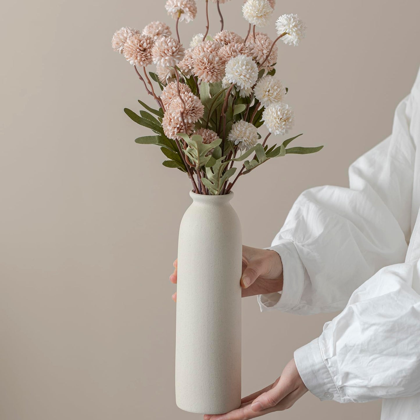 Ceramic Vase Set-3, 10.3 Inch Tall Flower Vases for Decor, Modern Boho Farmhouse Style, Decorative Vases for Pampas Grass & Dried Flowers, Distressed Finish (L Beige)