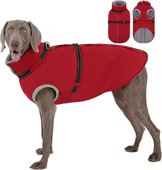 AOFITEE Dog Jacket, Large Dog Coat with Harness Built in, Warm Fleece Lined Pet Winter Jacket with Zipper & Furry Collar, Waterproof Pet Snow Coat Snowsuit for French Bulldog, Christmas Red L