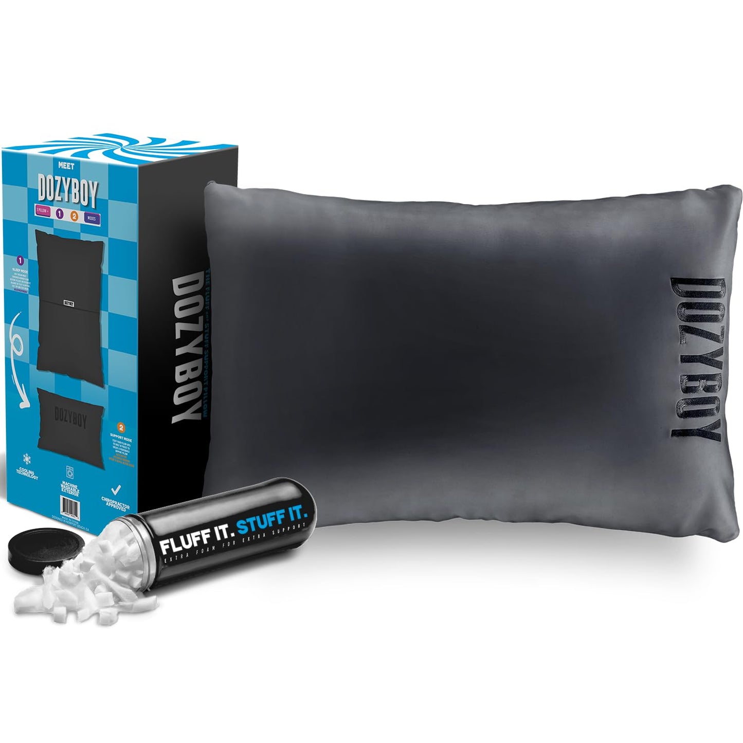 DozyBoy Fluff and Stuff Comfort Pillow | Queen Size Memory Foam Pillows, Chiropractor Designed and Approved 2-in-1 Back Support and Bed Pillows | Fully Adjustable Pillow (Black, Queen (Pack of 1))