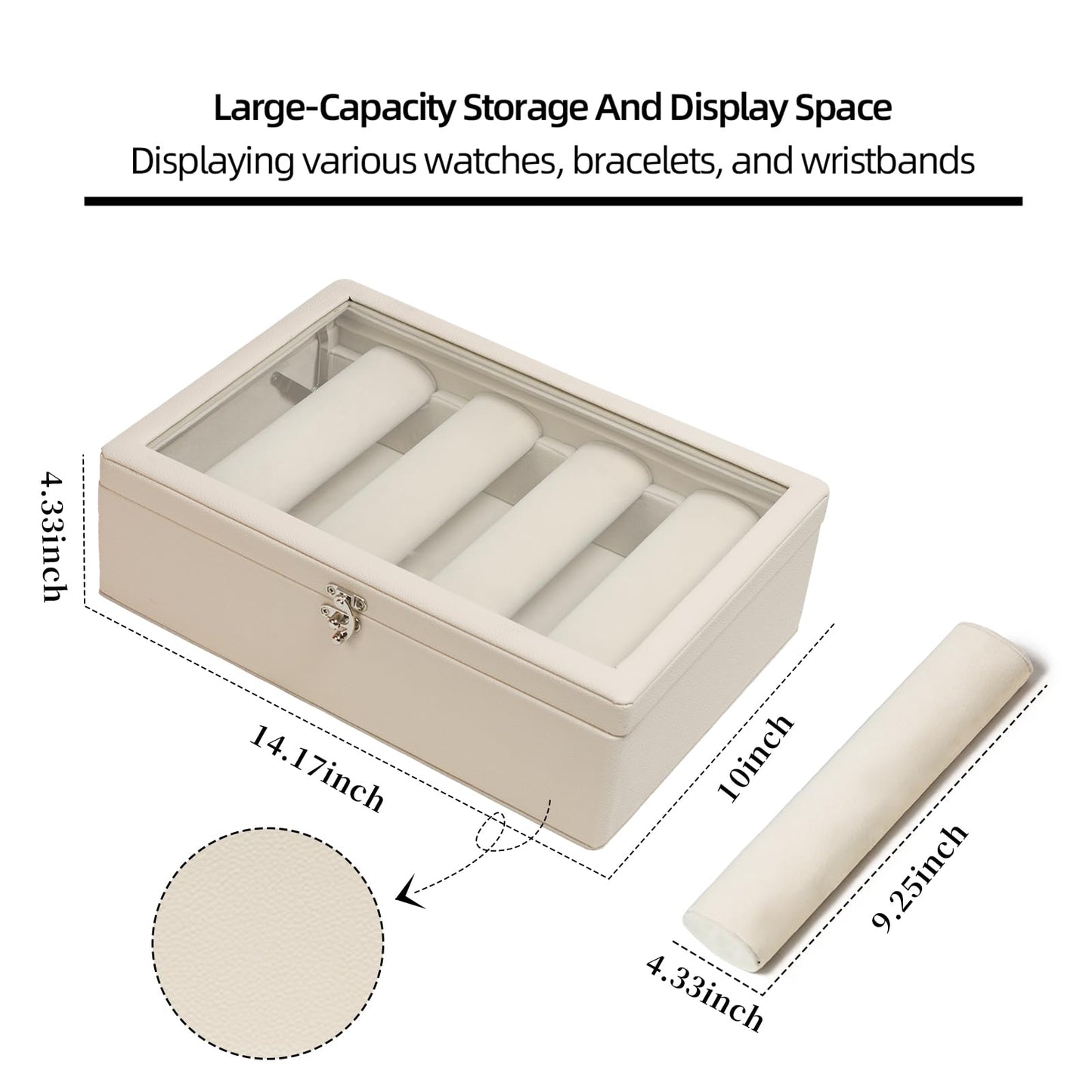 OrizeGe Jewelry Box with Glass Lid Bracelet Holder PU Leather for 4 Horizontal Rods Beige Velvet Watch Case for Women