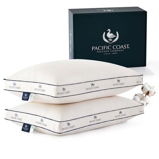 Pacific Coast Goose Feather and Down Bed Pillows for Side and Back Sleepers, King Size Set of 2, 100% Organic Cotton Fabric, Firm Pillows, Gusseted Pillows of Hotel Collection