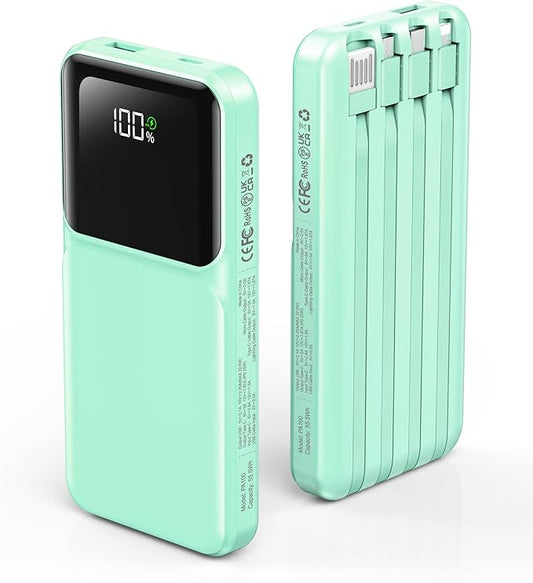 Portable Charger with Built in Cable - Power Bank Fast Charging USB C LED Display 10000mah Battery Pack 5 Outputs & 3 Inputs for Travel Essentials iPhone Samsung Android Phones Tablets Cyan