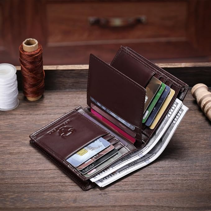 LEBULLBRO Genuine Leather Bifold Wallet RFID Blocking Wallet Large Capacity Purse Credit Card Holder for Men with 15 Card Slots (Coffee)