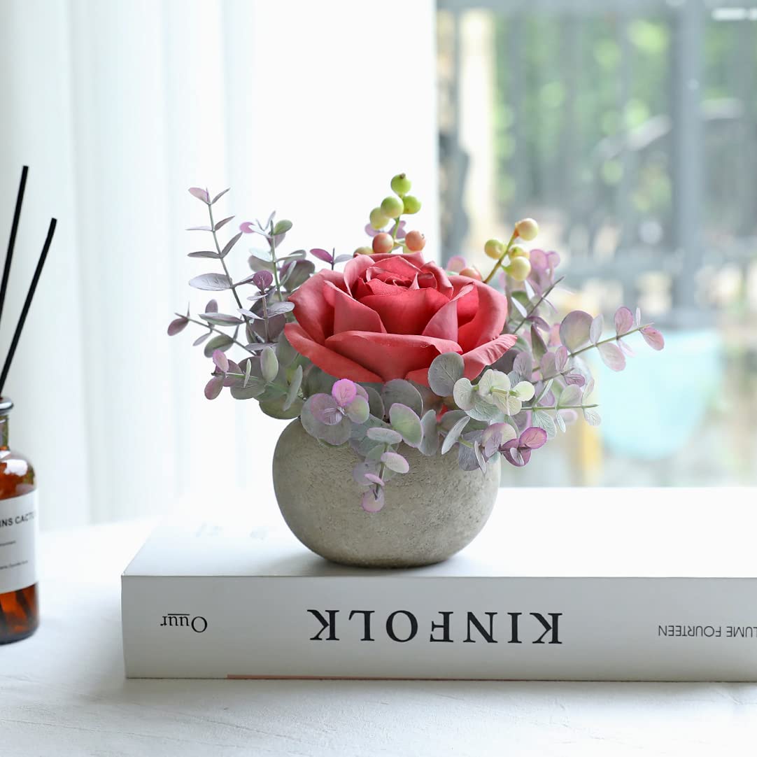 Rosscer Small Artificial Pink Rose Potted Plant, 6" Fake Silk Flowers in 3.5" Round Pot, Mini Faux Floral Arrangement for Desk Shelf Bathroom Decor