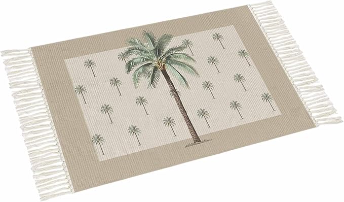 Tropical Palm Tree Large Runner Rug 4X6 Ft Living Room Area Rug, Washable Woven Brown Summer Beach Plant Throw Carpet with Tassel, Non-Shedding Farmhouse Retro Green Botanical Bedroom Office Carpets