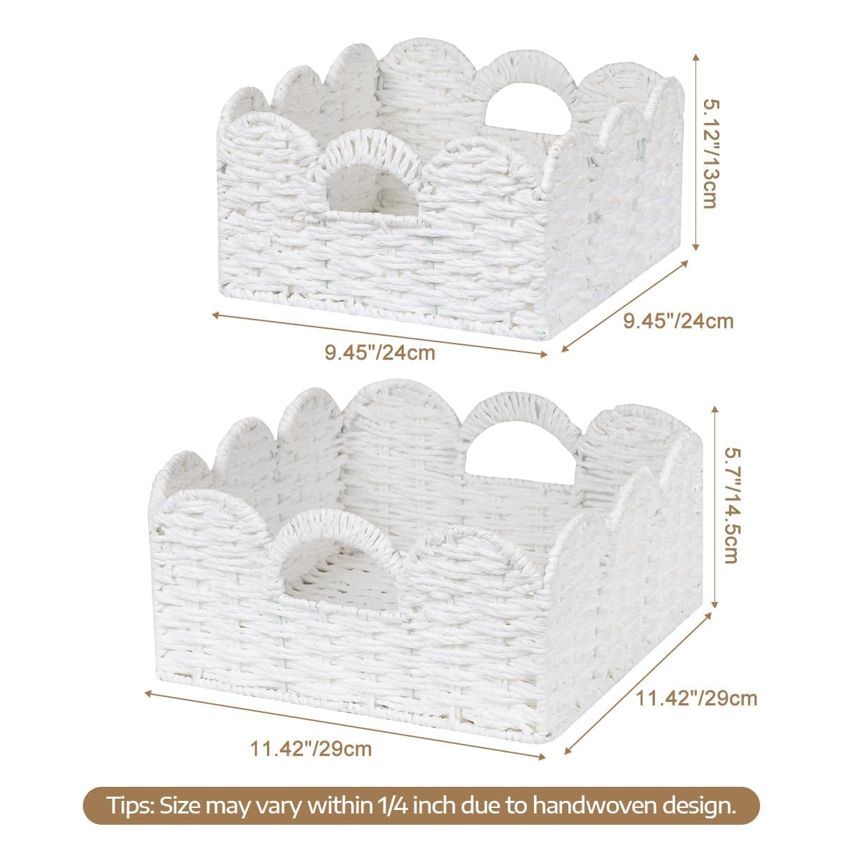 Graciadeco Scalloped Wicker Basket Natural Paper Rope Storage Baskets with Handles Handwoven Organizer Bin Wicker Storage Baskets for Home Decor, Organizing, 2 Pack (White)