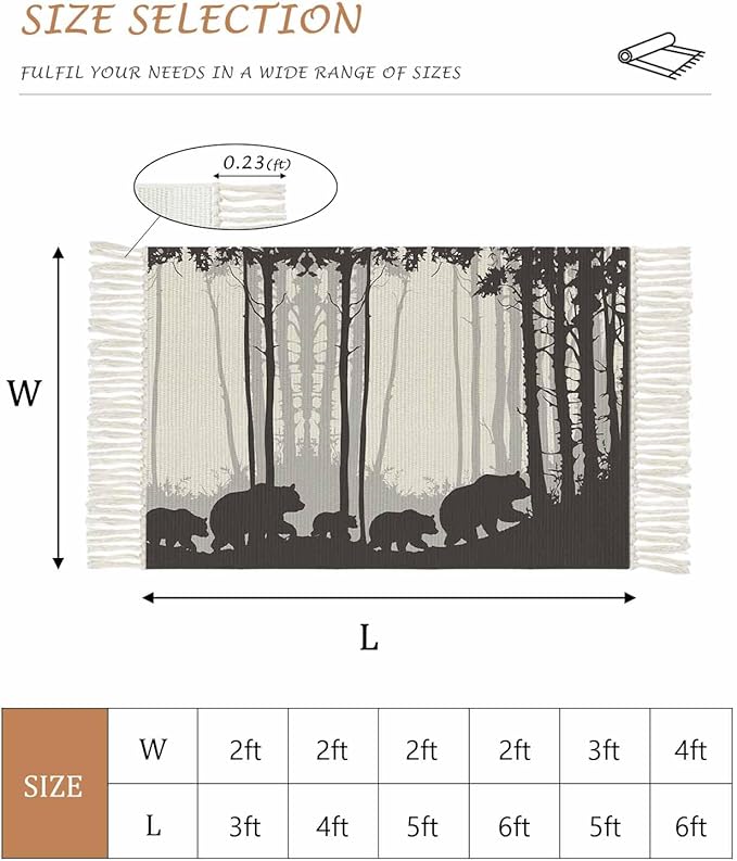 Rustic Bear Large Runner Rug 4X6 Ft Living Room Area Rug, Washable Woven Forest Animal Rustic Cabin Throw Carpet with Tassel, Non-Shedding Farmhouse Vintage Nature Scenery Art Bedroom Office Carpets