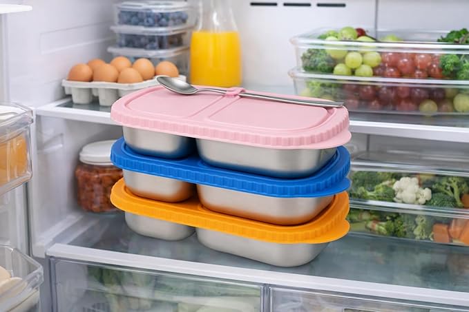 SHRONGZHI 304 Stainless Steel 2-Compartment Snack and Lunch Container with Easy-Open Silicone Lid, Built-In Utensil Clip, Leak-Proof and Stackable Design - Reusable Food Storage Box (SET B, 4 Pack)