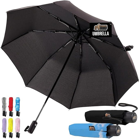 GORILLA GRIP Strong Windproof Stick Compact Umbrella for Rain, 2 PK, One-Click Automatic Open Close, Durable Quick Dry Waterproof Material, Lightweight, Travel Size Fits Backpack, Black Sky Blue