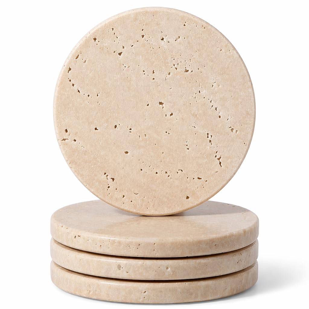 Koville Travertine Coasters, Marble Coaster Set of 4 for Drinks, 4" Round Stone Coasters Set Heat Resistant, Decorative Modern Cup Coaster for Coffee Table Home Bar Decor, Unique Gift Choice(Beige)