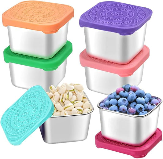 HTEVW 6Pack 6oz Stainless Steel Snack Containers for Kids, Easy Open Leak Proof Metal Toddler Snack Containers with Silicone Lids, Stackable Metal Toddler Lunch Box for Daycare, School and Travel