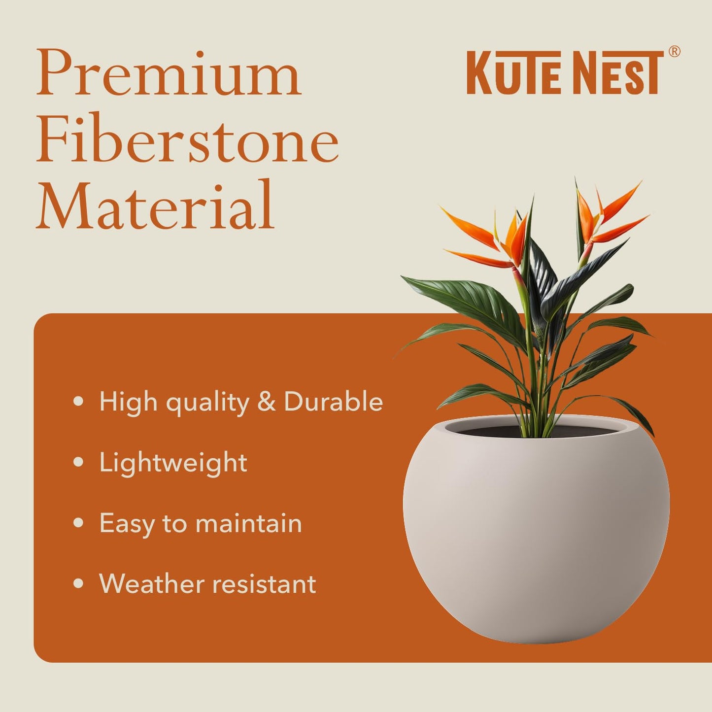 KUTE NEST 9.7" H x 12" D Premium Globo Fiberstone Round Planter for Outdoor & Indoor Plants, Ideal for Snake Plants, Monstera & House Plants, Included 2 Extra Coco Mats (Taupe, 7.8" Pot Opening)