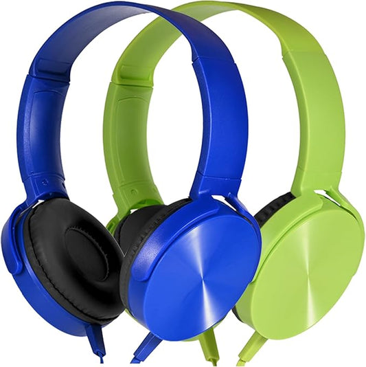 Kids Headphones 2 Pack for School Classroom Students, Durable Comfy Swivel Wired Headset for Online Learning, Noise Stereo Sound 3.5mm Jack for Chromebook, Computer, Laptop(Dark Blue+Green)